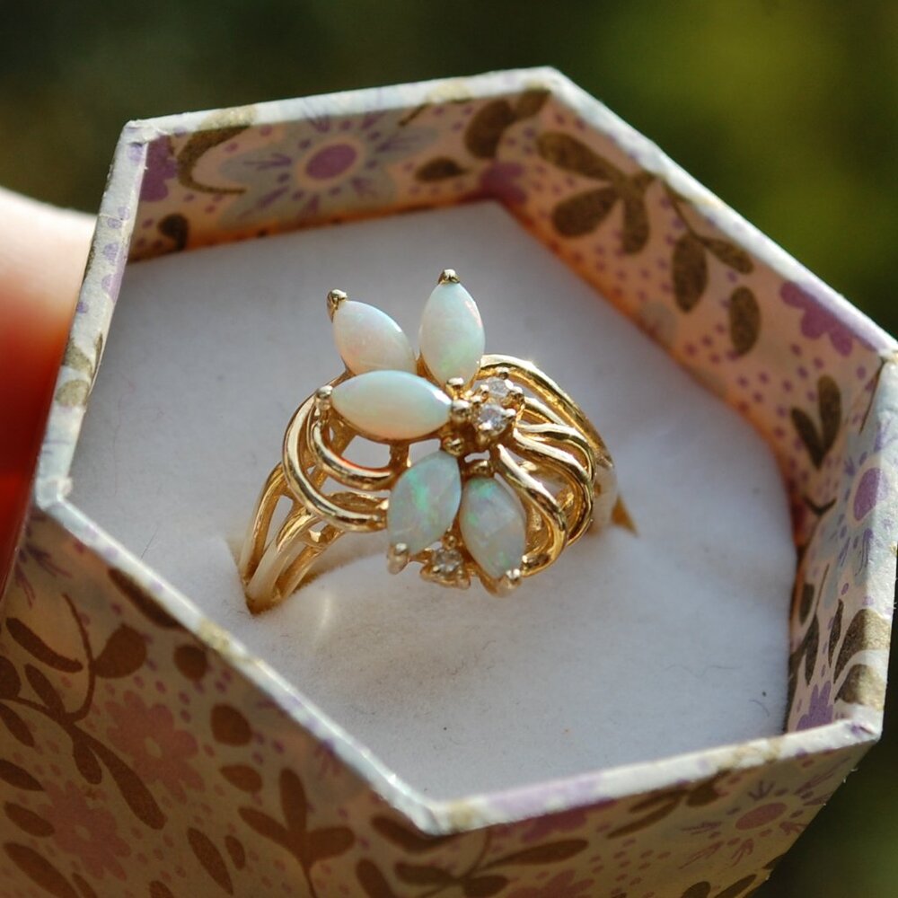 Opal and Diamond 14k Gold Ring Size 6